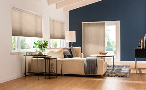 Window Treatments in living room with Blue Walls